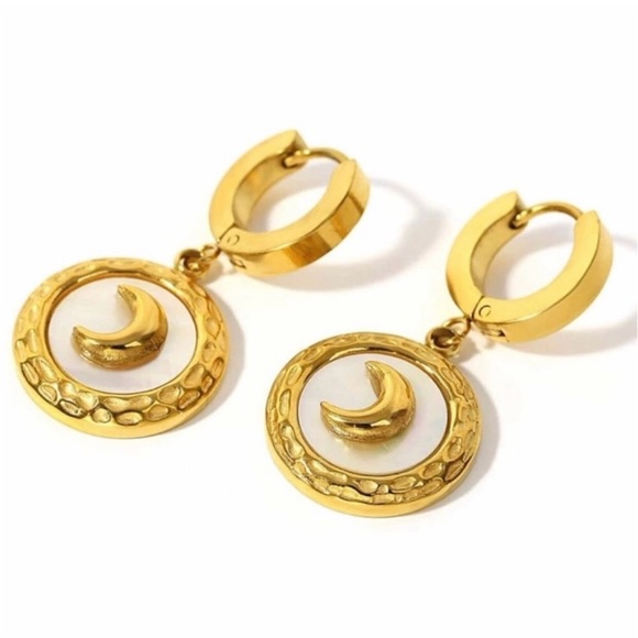 “Mother of Pearl Crescent Moon” Rainbow Iridescent Celestial Gold Steel Hoops - Picture 10 of 17